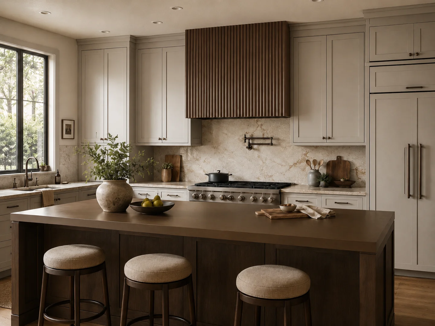 Medium Texture Brass Light Patina finish, Bullnose edge profile