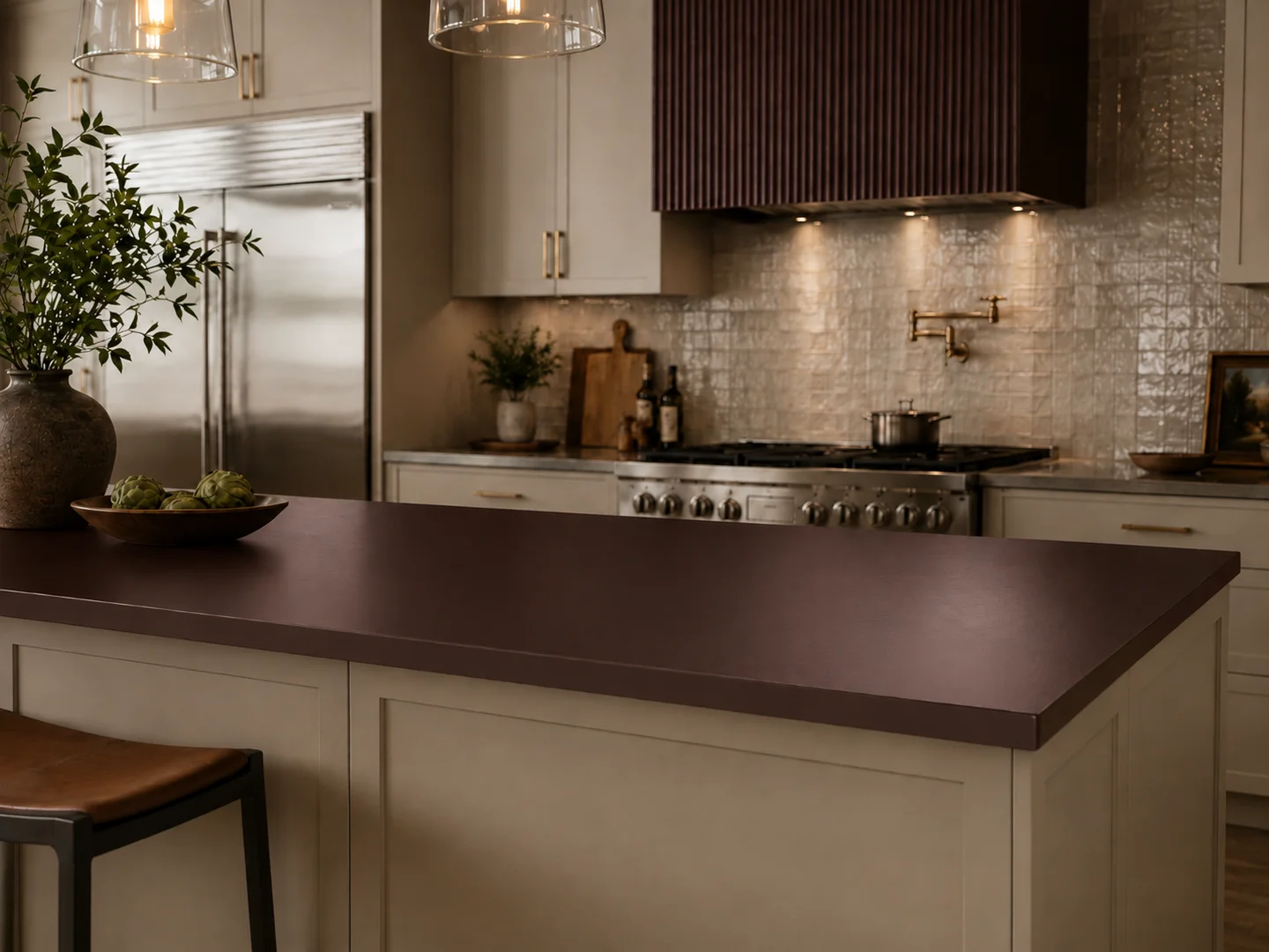 A cast zinc island top in a kitchen, with a matching range hood behind it