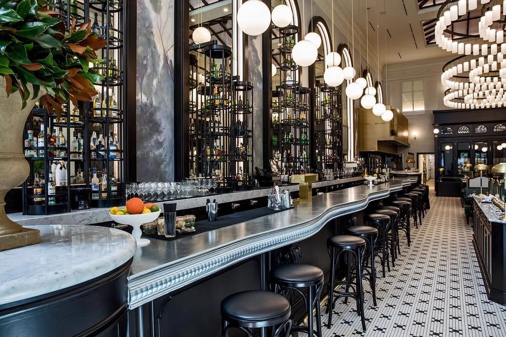 A cast pewter bar top at La Belle Helene